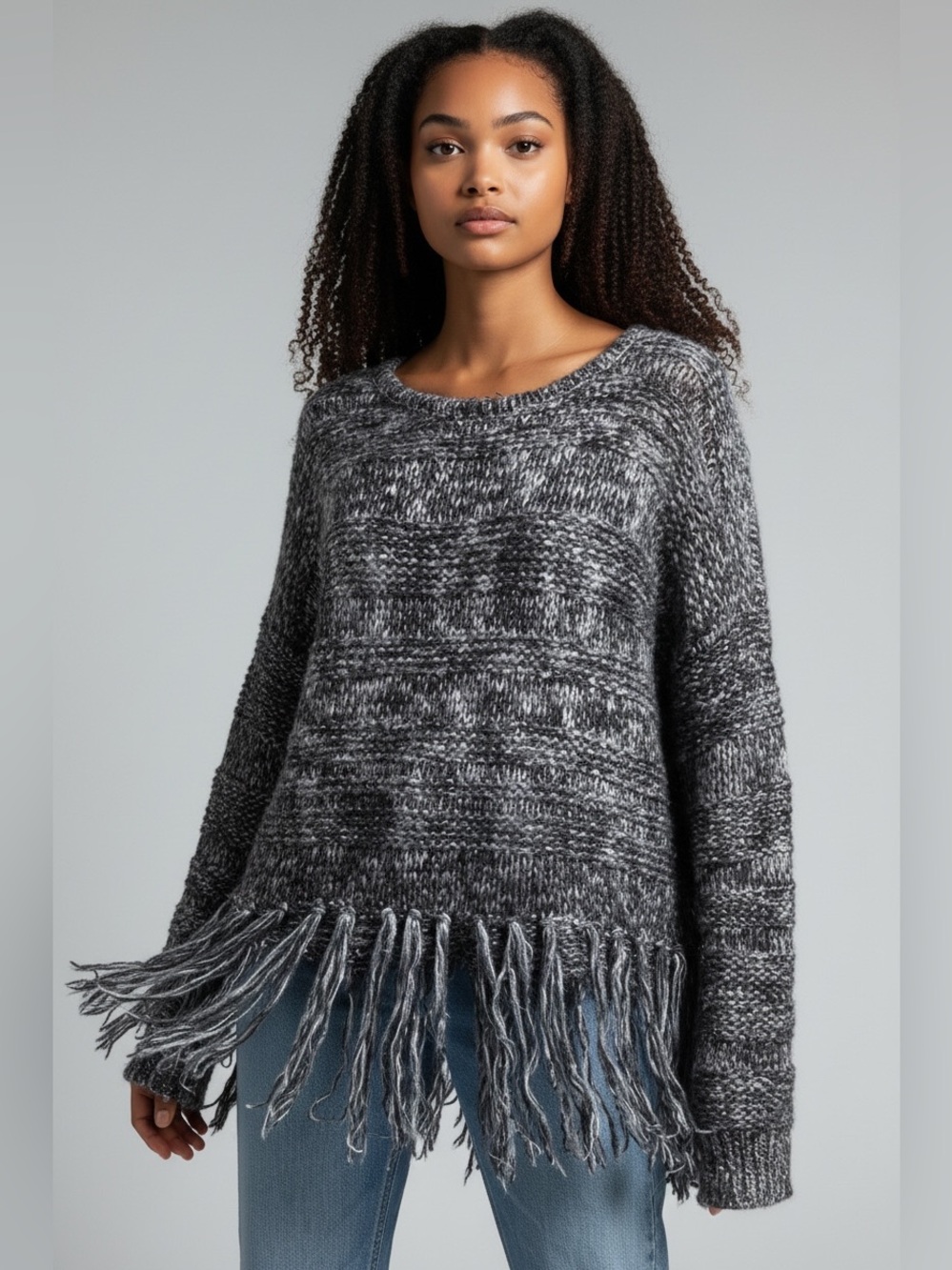 Marled by Reunited Clothing Cozy Fringe Hem Knit Sweater Gray Metallic XL